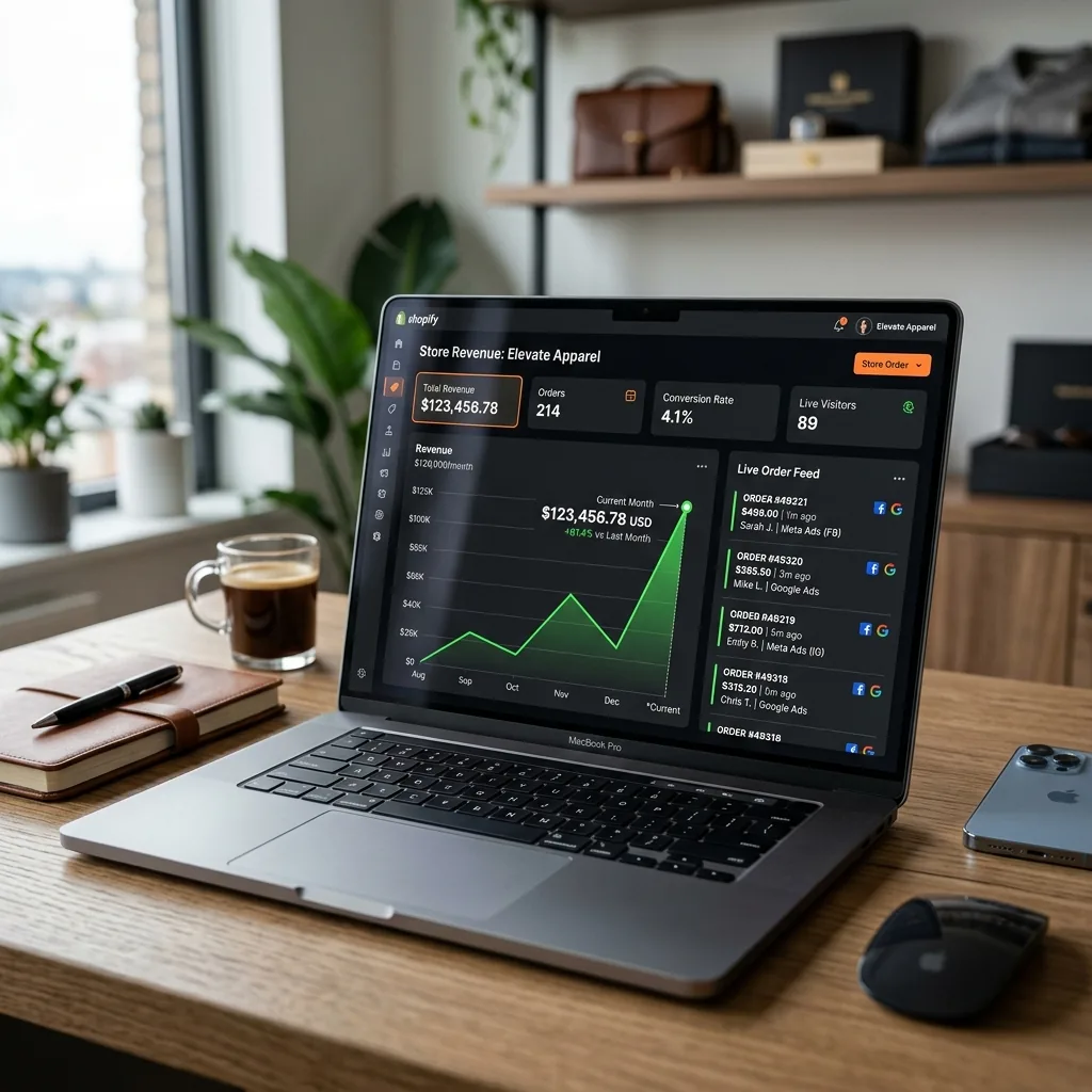 Dashboard de ventas Shopify en vivo con volumen de transacciones de alto ROAS
